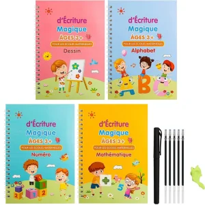 ✏️ Cahiers Magiques Réutilisables – Pack 4 en 1 : Alphabet, Chiffres, Dessin & Écriture